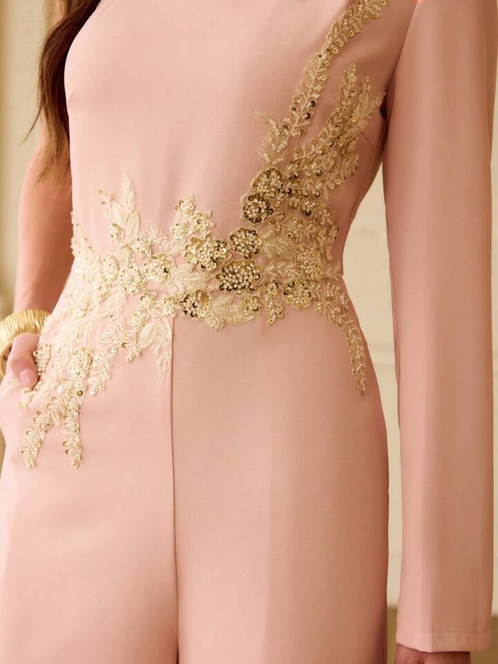 CM-JS256306 Women Elegant Seoul Style Asymmetric Neck Pleated Floral Embroidery Jumpsuit - Dusty Pink