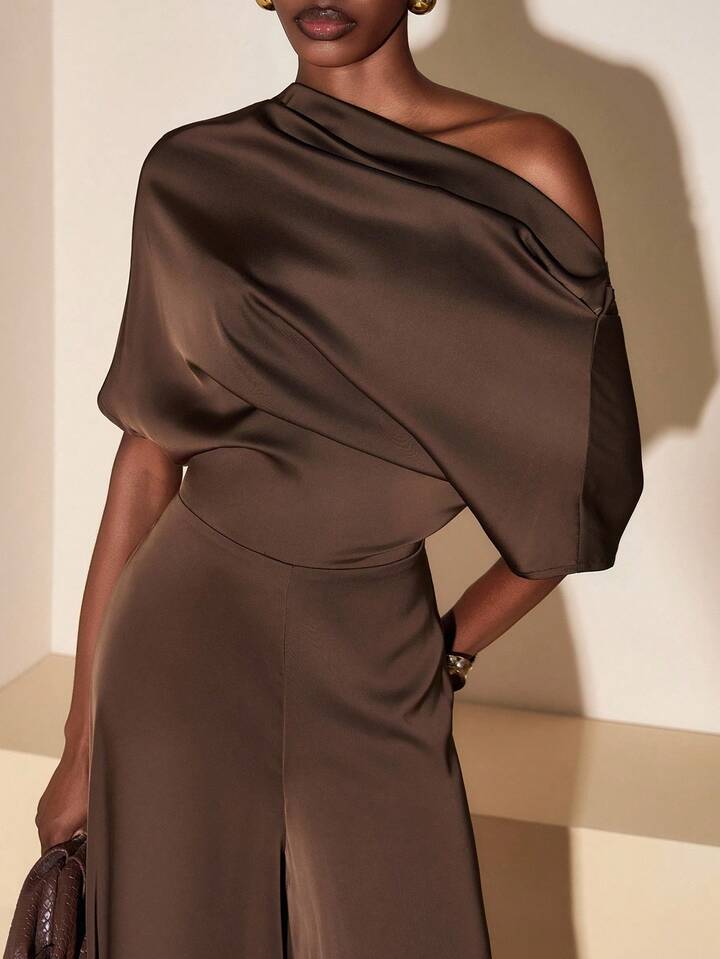 CM-JS921477 Women Elegant Seoul Style Asymmetrical Neck Short Sleeve Satin Wide Leg Jumpsuit - Brown