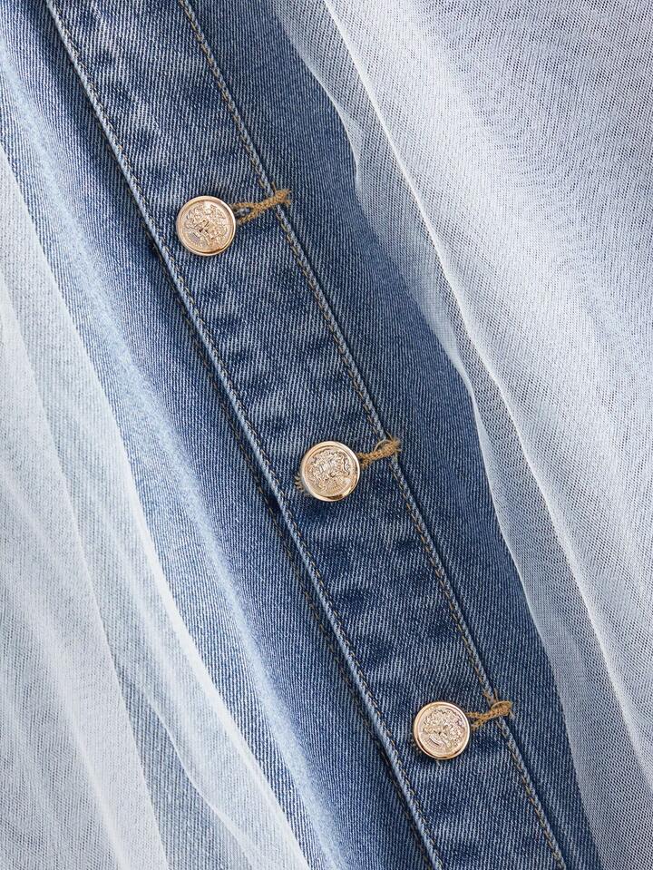 CM-BS196112 Women Casual Seoul Style Mid Waist Mesh Patchwork Button Decor Denim Mini Skirt - Blue