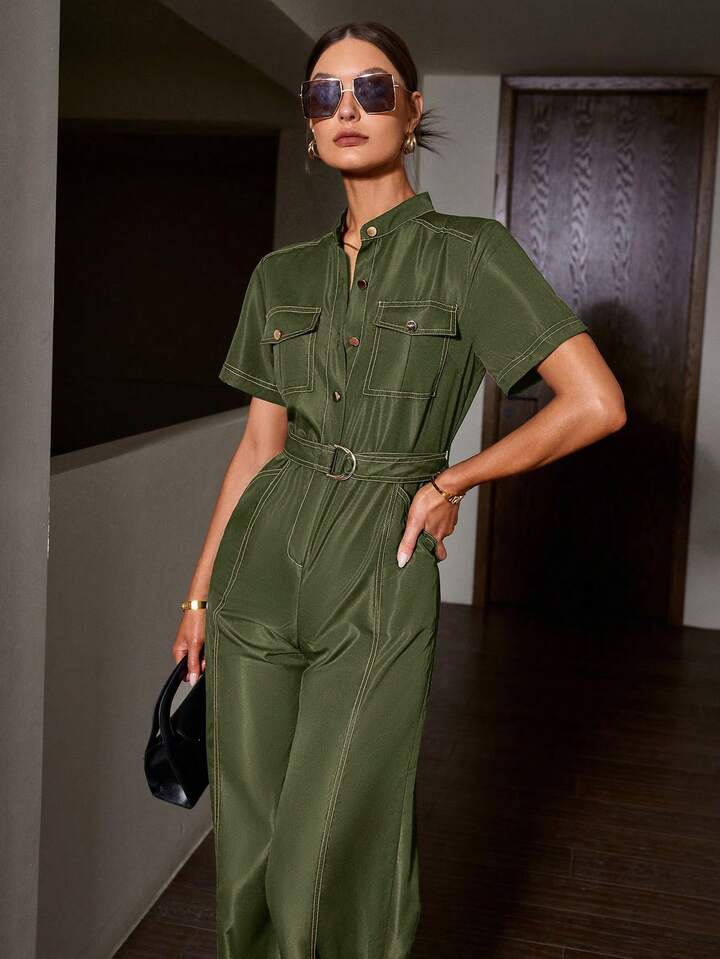 CM-JS220514 Women Elegant Seoul Style Notched Neckline Roll Up Sleeve Colorblock Wide Leg Jumpsuit - Green