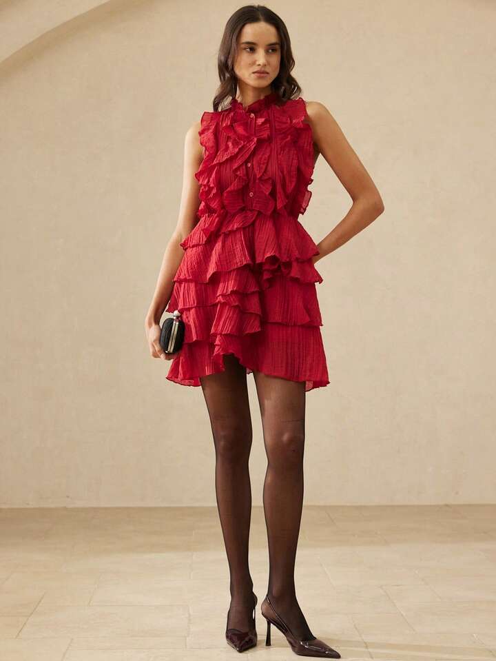 CM-DS464960 Women Elegant Seoul Style Multi-Layer Tiered Hem Ruffle Trim Stand Collar Sleeveless Mini Dress - Red
