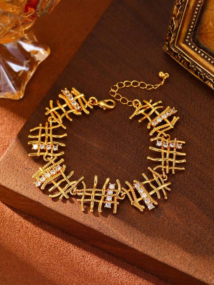 CM-AXS114107 Women Trendy Seoul Style Hollow Braided Chain Bracelet - Gold