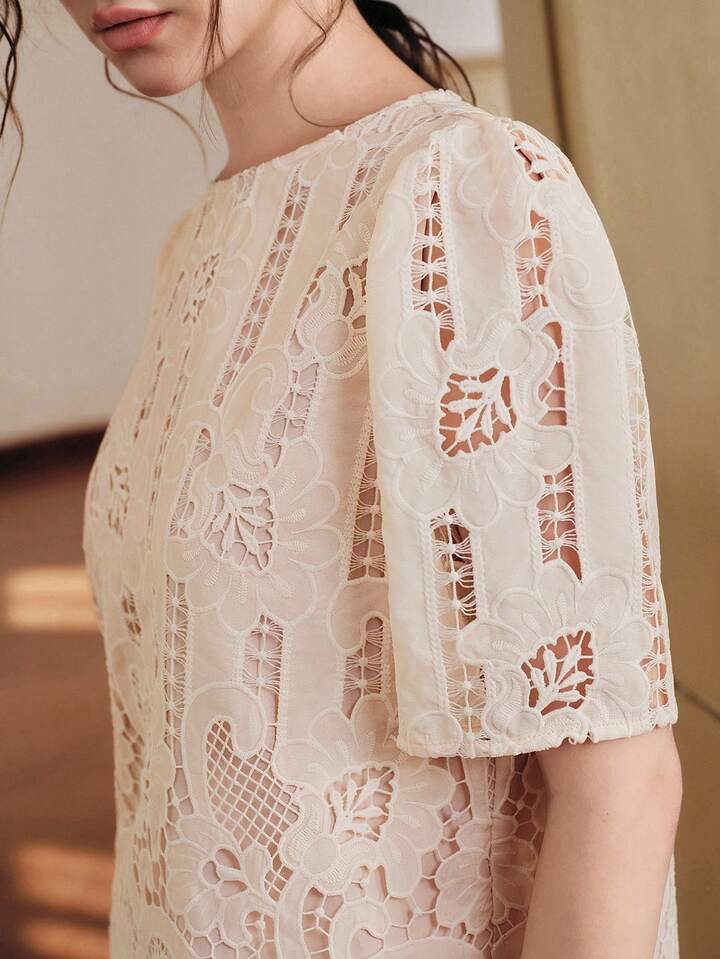 CM-TS921555 Women Elegant Seoul Style Round Neck Short Sleeve Embroidered Lace Top - Dusty Pink