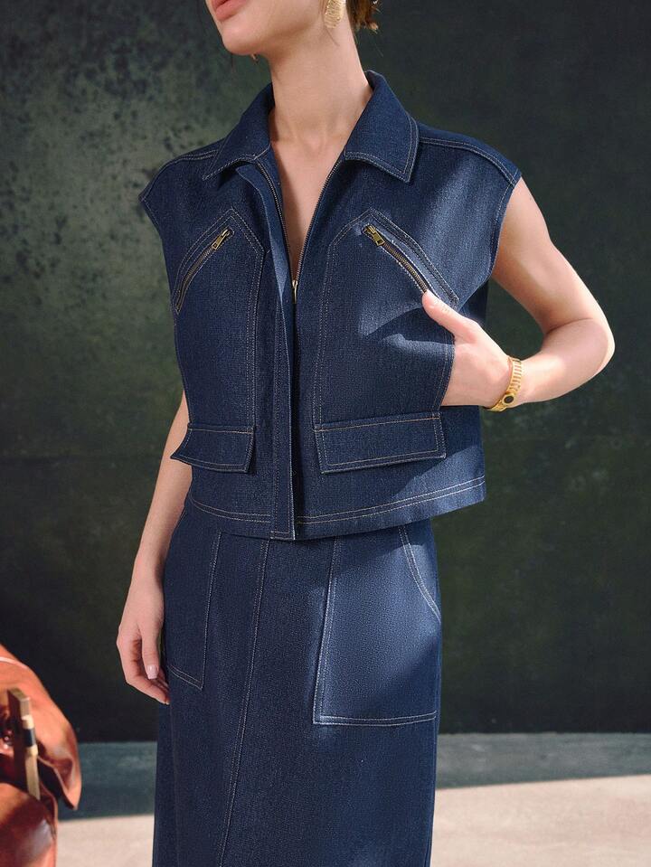 CM-SS956418 Women Elegant Seoul Style Collar Neckline Raglan Sleeve Denim Top With Mid-Length Skirt - Set