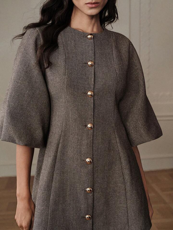 CM-DS176115 Women Elegant Seoul Style Round Neck Lantern Sleeve Single-Breasted Herringbone Knit Dress - Apricot