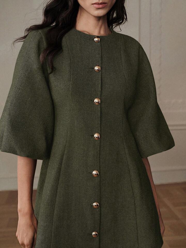 CM-DS787731 Women Elegant Seoul Style Round Neck Lantern Sleeve Single-Breasted Herringbone Knit Dress - Green