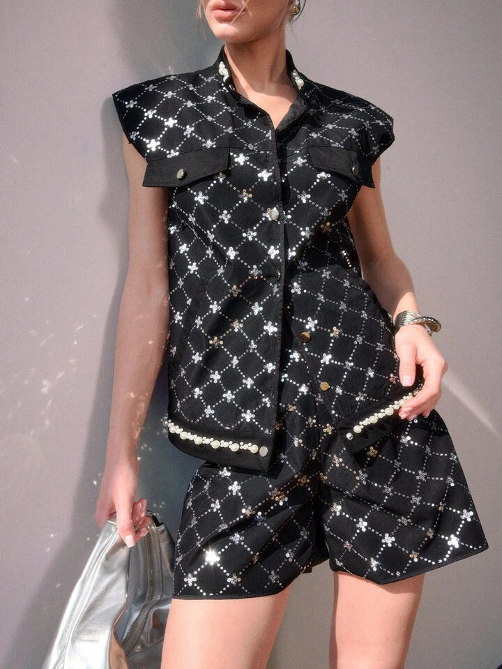 CM-SS348490 Women Elegant Seoul Style Stand Collar Embellished Sequins And Pearls Sleeveless Top With Shorts - Set