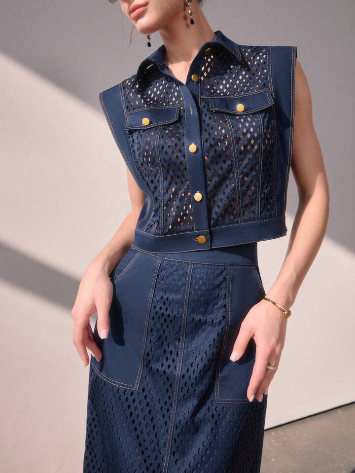 CM-SS226368 Women Elegant Seoul Style Collared Sleeveless Hollow Out Shirt With Mid-Length Skirt - Set