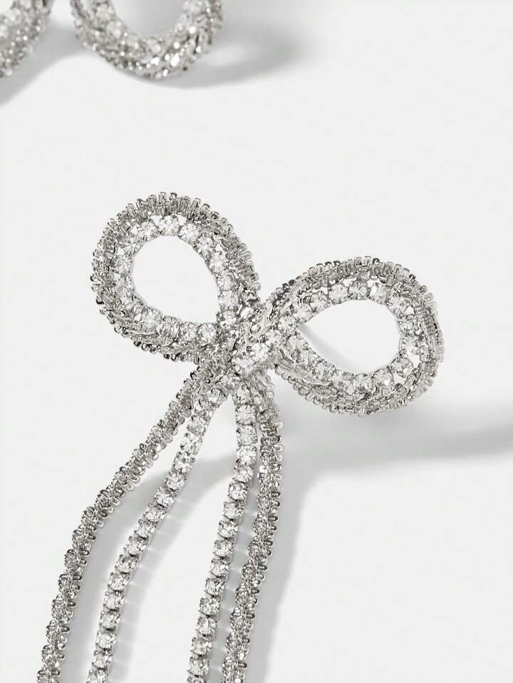 CM-AXS961143 Women Trendy Seoul Style Long Chain Tassel Zirconia Bow Dangle Earrings - Silver