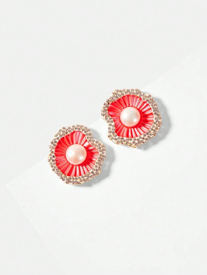 CM-AXS688181 Women Trendy Seoul Style Copper Plated Inlay Natural Freshwater Pearl Floral Stud Earrings