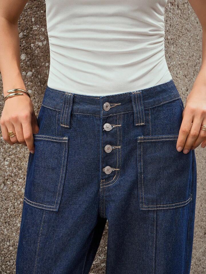 CM-BS980470 Women Casual Seoul Style Dark Wash Mid Waist Button-Up Straight Leg Denim Jeans