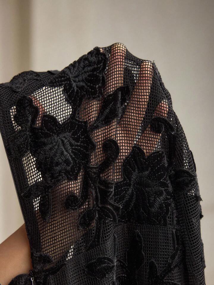 CM-JS153542 Women Elegant Seoul Style Stand Collar Long Sleeve Lace Patchwork Embroidered Jumpsuit