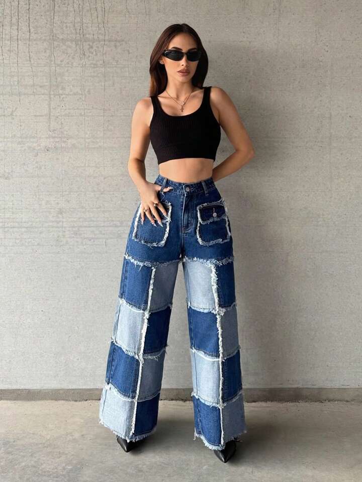 CM-BS951466 Women Casual Seoul Style Low Waist Loose Fit Frayed Hem Jeans - Blue