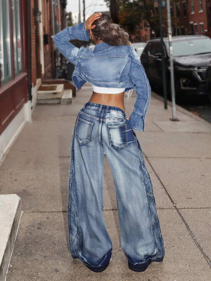 CM-BS561986 Women Casual Seoul Style Low Waist Pocket Loose Extra Long Wide Leg Jeans - Blue