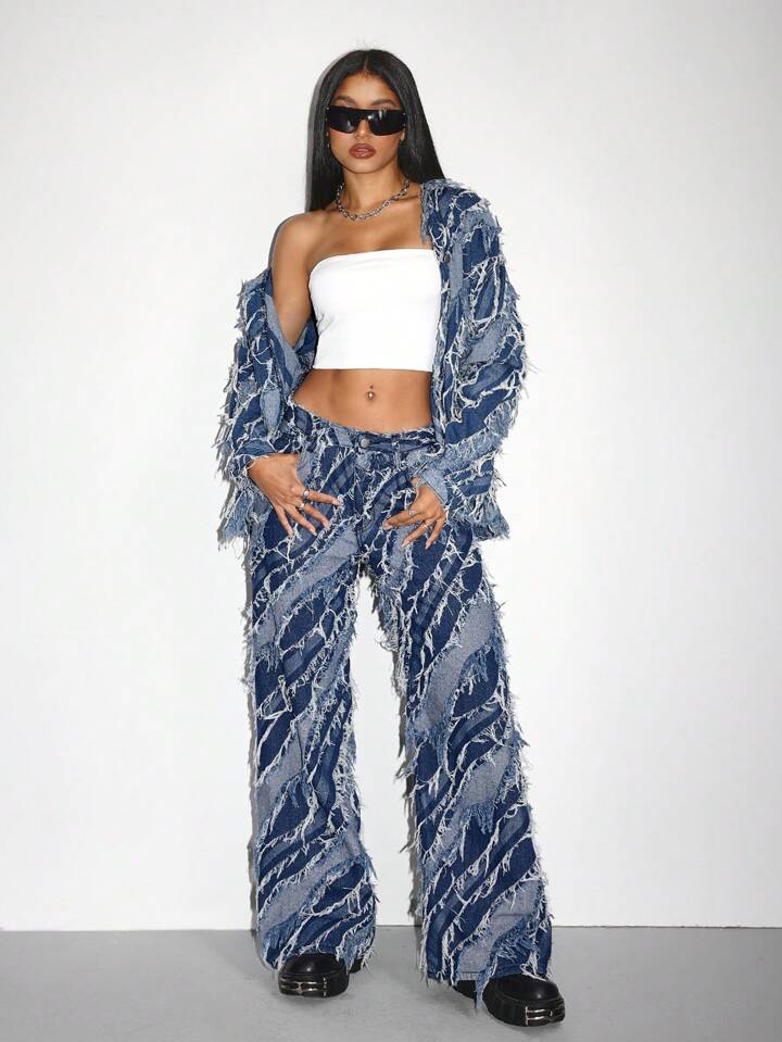 CM-BS087538 Women Casual Seoul Style Low Waist Layered Fringe Detail Zipper Closure Extra Long Denim Jeans - Blue