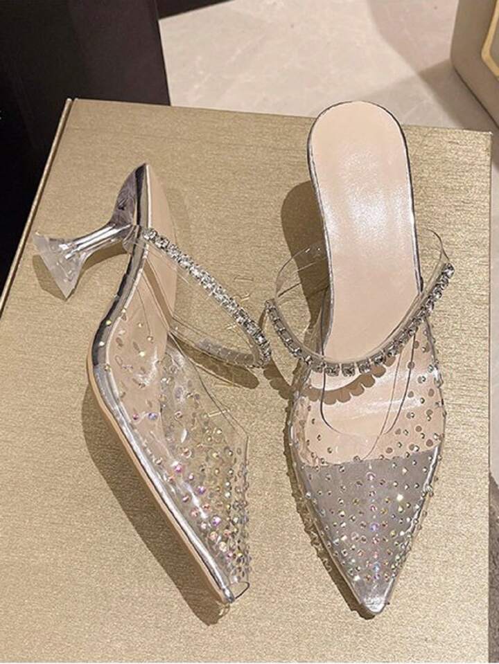 CM-SHS738559 Women Trendy Seoul Style Rhinestone Decor Chunky Heel Slip On Mules - Silver