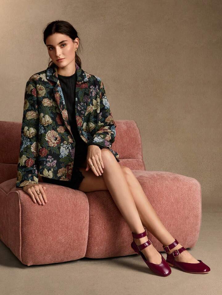 CM-SHS680387 Women Trendy Seoul Style Rhinestone Mary Jane Square Toe Flats - Burgundy