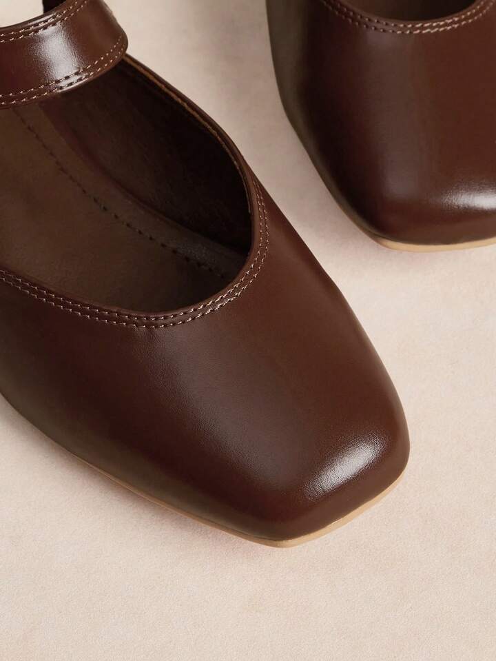 CM-SHS348843 Women Trendy Seoul Style Rhinestone Mary Jane Square Toe Flats - Brown