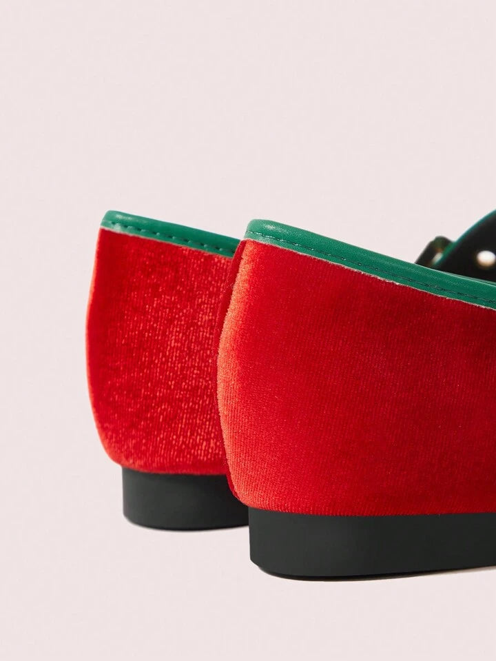 CM-SHS181009 Women Trendy Seoul Style Round Toe Suede Color-Block Metal Buckle Bow Ballet Flats Slip-On Loafers - Red