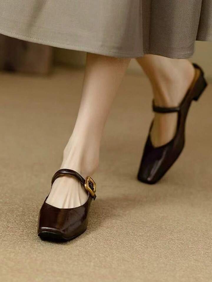 CM-SHS264426 Women Trendy Seoul Style Solid Color Buckle Detail PU Leather Slip-On Flat Shoes - Brown