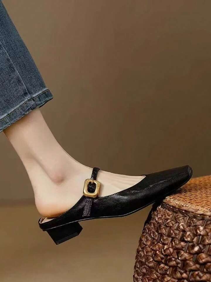 CM-SHS207666 Women Trendy Seoul Style Solid Color Buckle Detail PU Leather Slip-On Flat Shoes - Black