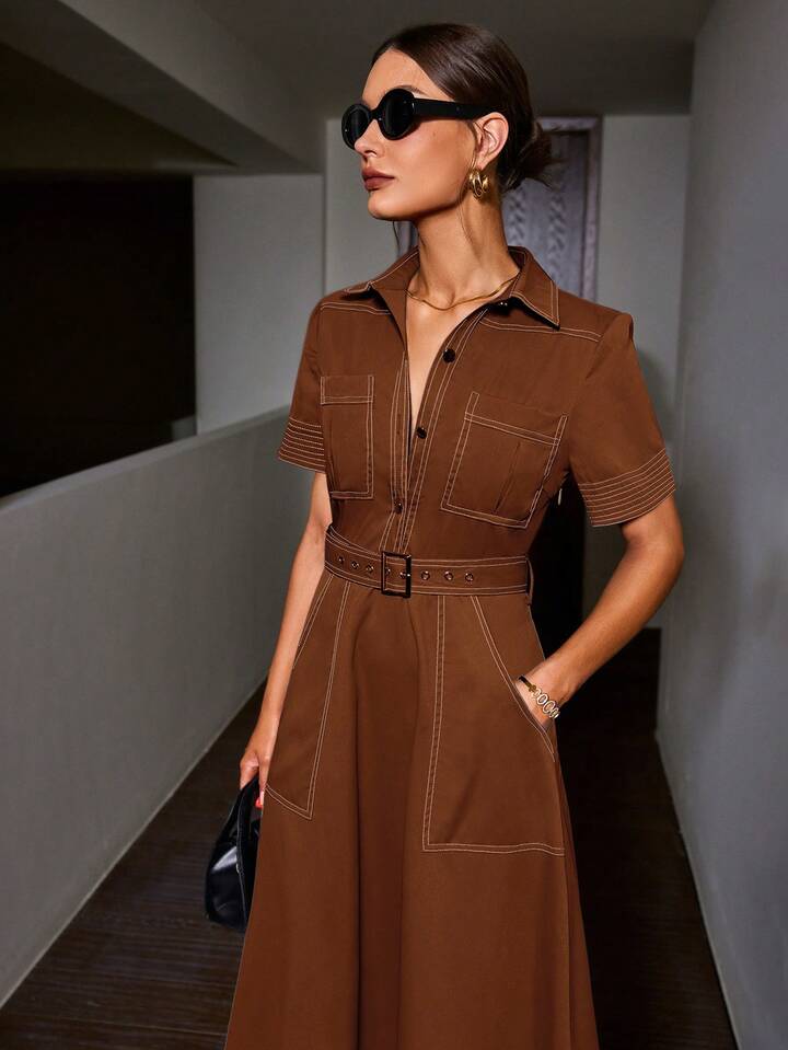 CM-DS091466 Women Elegant Seoul Style Denim-Like Collared Contrast Color Short Sleeve Belted Dress - Brown