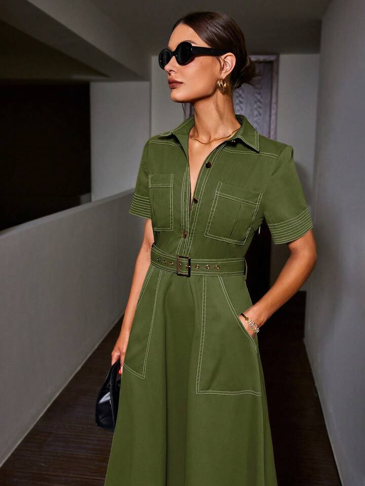 CM-DS064880 Women Elegant Seoul Style Denim-Like Collared Contrast Color Short Sleeve Belted Dress - Green