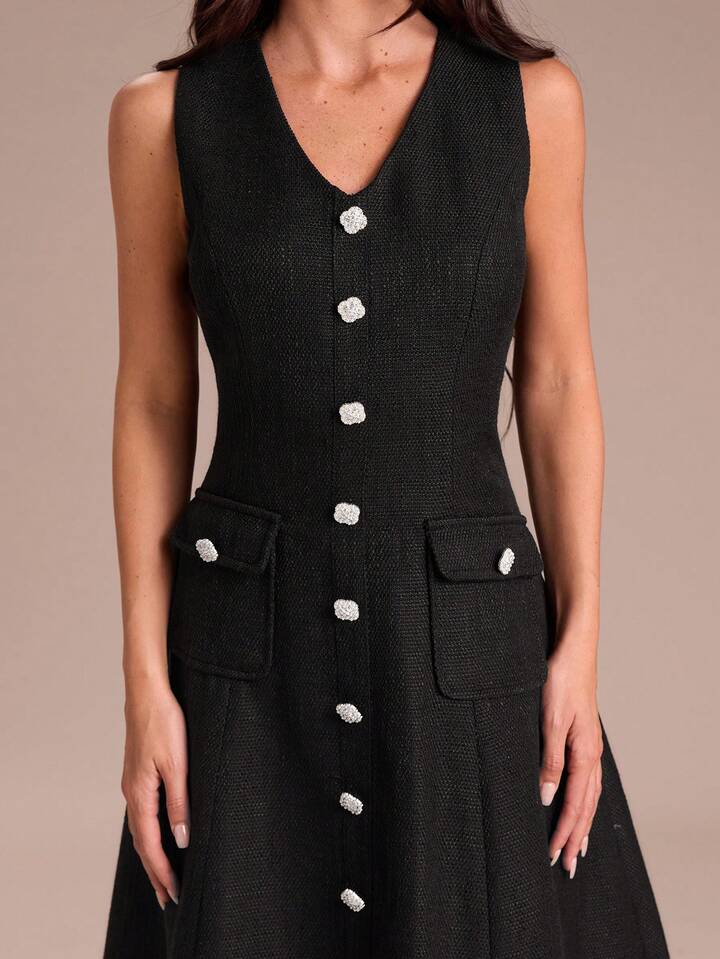 CM-DS919991 Women Elegant Seoul Style Tweed V-Neck Wide Strap Front Button Midi Dress - Black