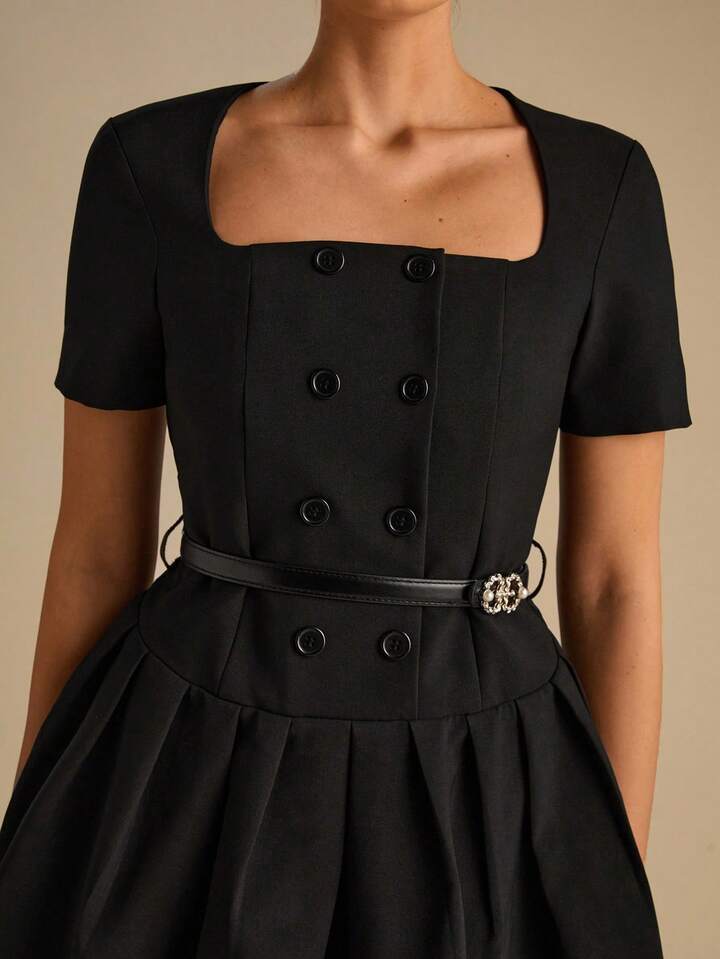 CM-DS669994 Women Elegant Seoul Style Square Collar Double-Breasted Pleated Short Sleeves PU Belt Mini Dress