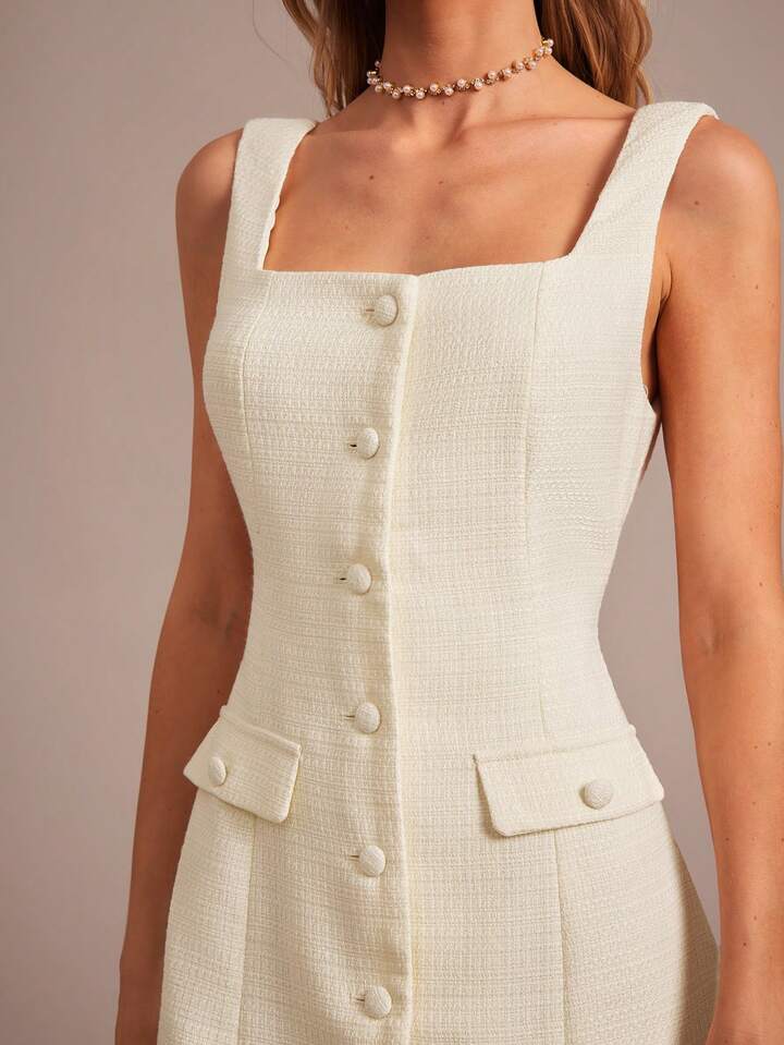 CM-DS319779 Women Elegant Seoul Style Square Neck Front Button Sleeveless Mini Dress - Beige