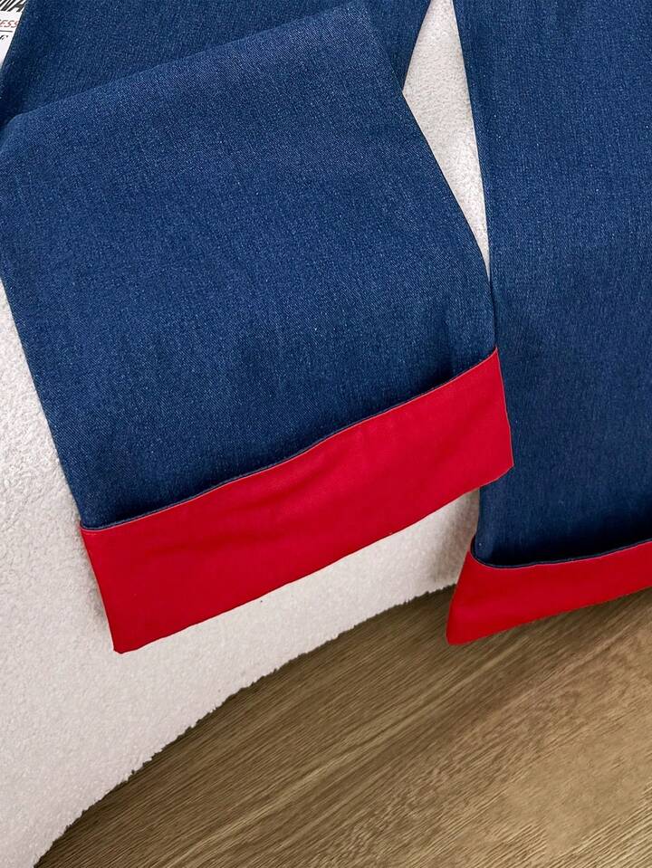 CM-BS270672 Women Casual Seoul Style Color Block Design Red Cuff Detail High Waist Wide Leg Denim Trousers