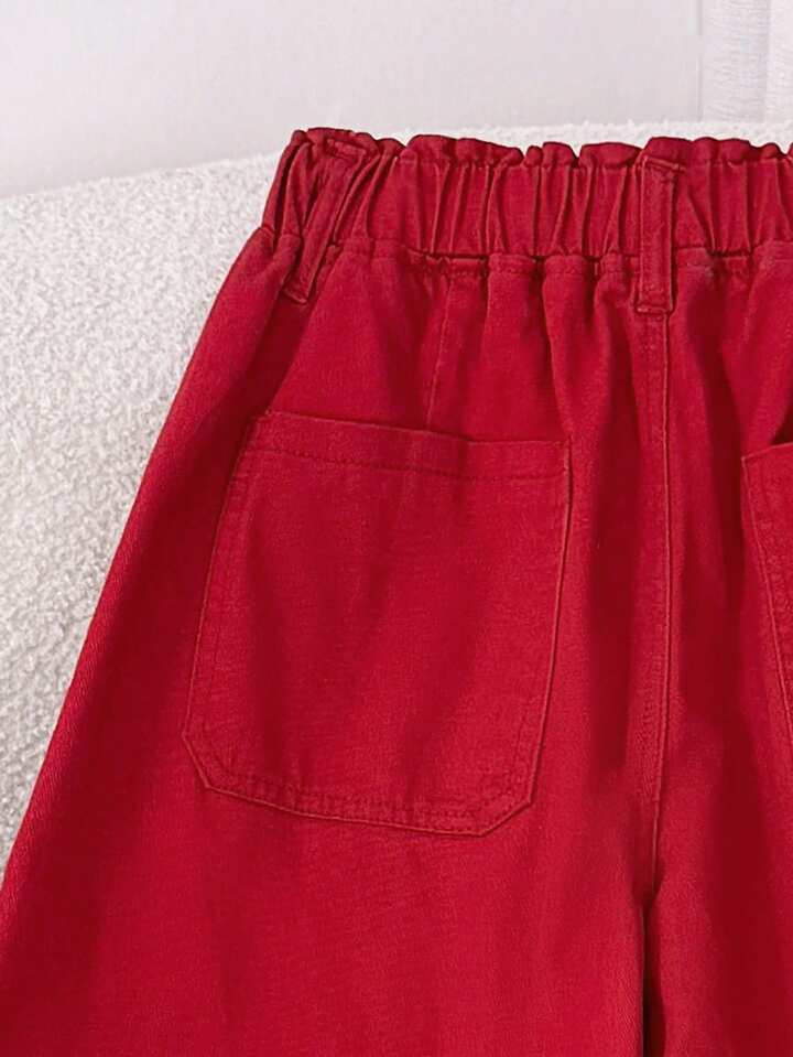 CM-BS041466 Women Casual Seoul Style Drawstring Mid Waist Pockets Wide Leg Loose Jeans - Red
