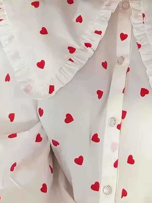 CM-TT405734 Women Elegant European Style Heart Pattern Ruffle Collar Blouse - White