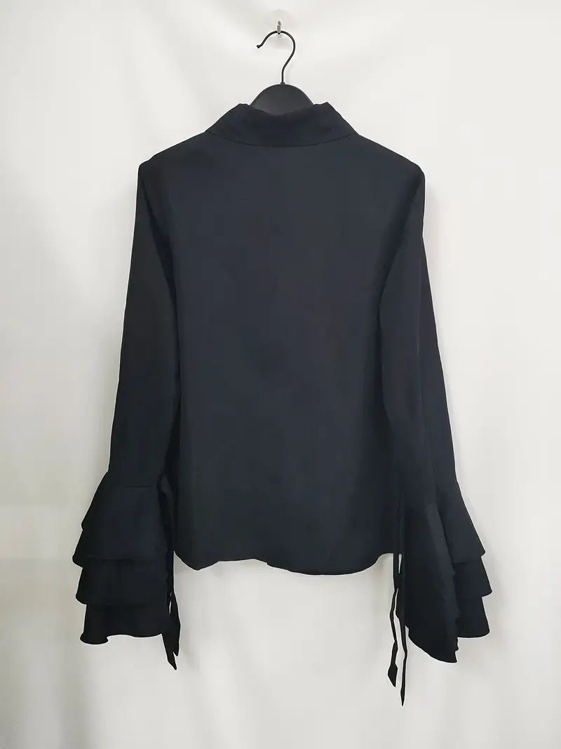 CM-TT032685 Women Elegant Seoul Style Lapel Neckline Layered Flare Sleeve Blouse - Black