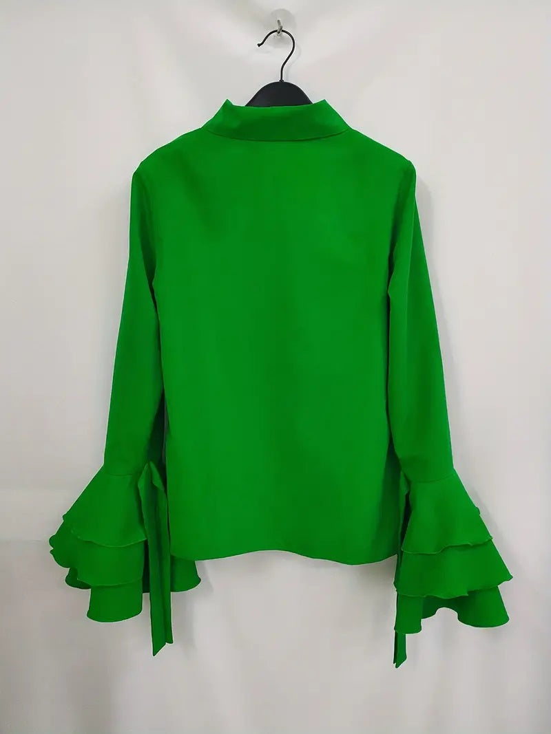 CM-TT032685 Women Elegant Seoul Style Lapel Neckline Layered Flare Sleeve Blouse - Green