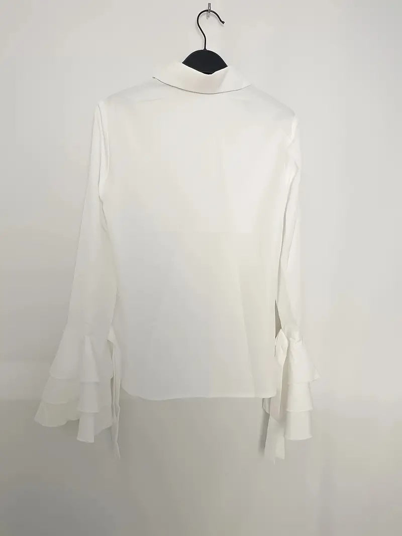 CM-TT032685 Women Elegant Seoul Style Lapel Neckline Layered Flare Sleeve Blouse - White