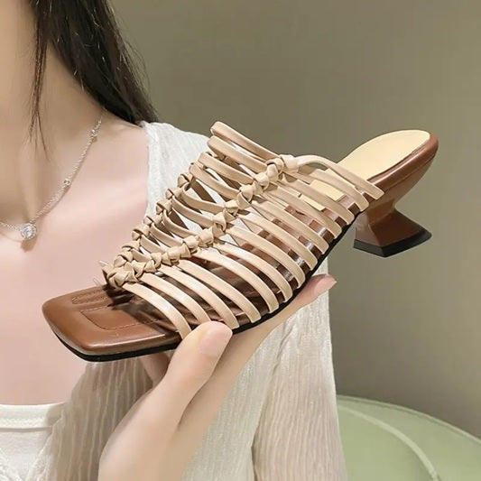 CM-SHE950316 Women Trendy Seoul Style Chunky Low Heel Slip-On Braided Straps Shoes (Available in 2 colors)