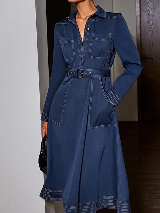 CM-DT279272 Women Elegant Seoul Style Solid Color Lapel Neckline Long Sleeve Midi Dress - Navy Blue