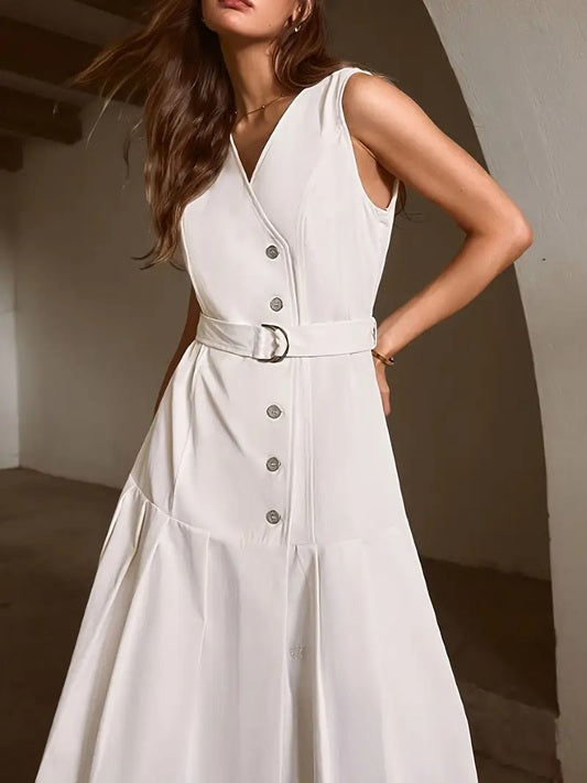 CM-DT566848 Women Elegant Seoul Style V-Neck Sleeveless Belted Mid-Length Dress - White
