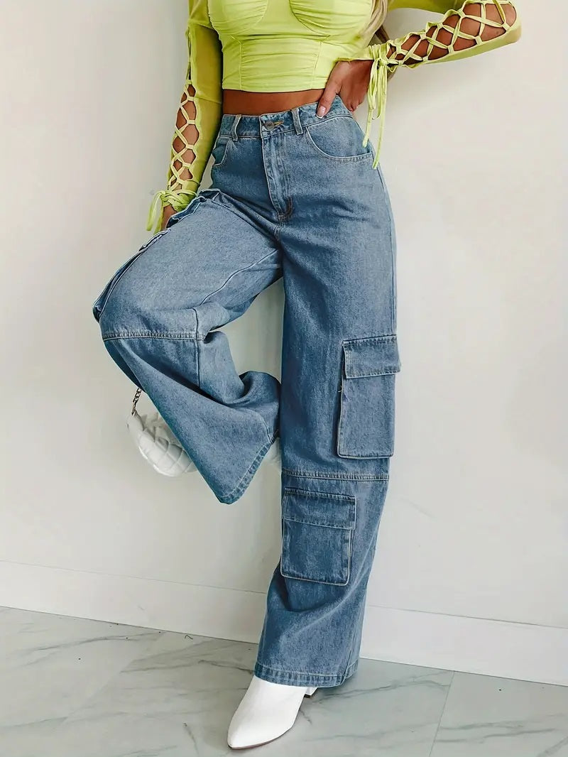 CM-BT085832 Women Casual Seoul Style High Waist Wide Leg Cargo Jeans - Sky Blue