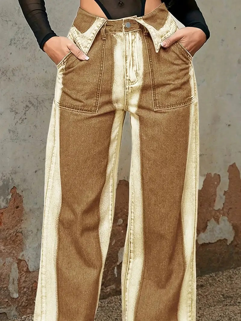 CM-BT109652 Women Casual Seoul Style Tie-Dye Striped Colorblock Flipped Waistband Loose Denim