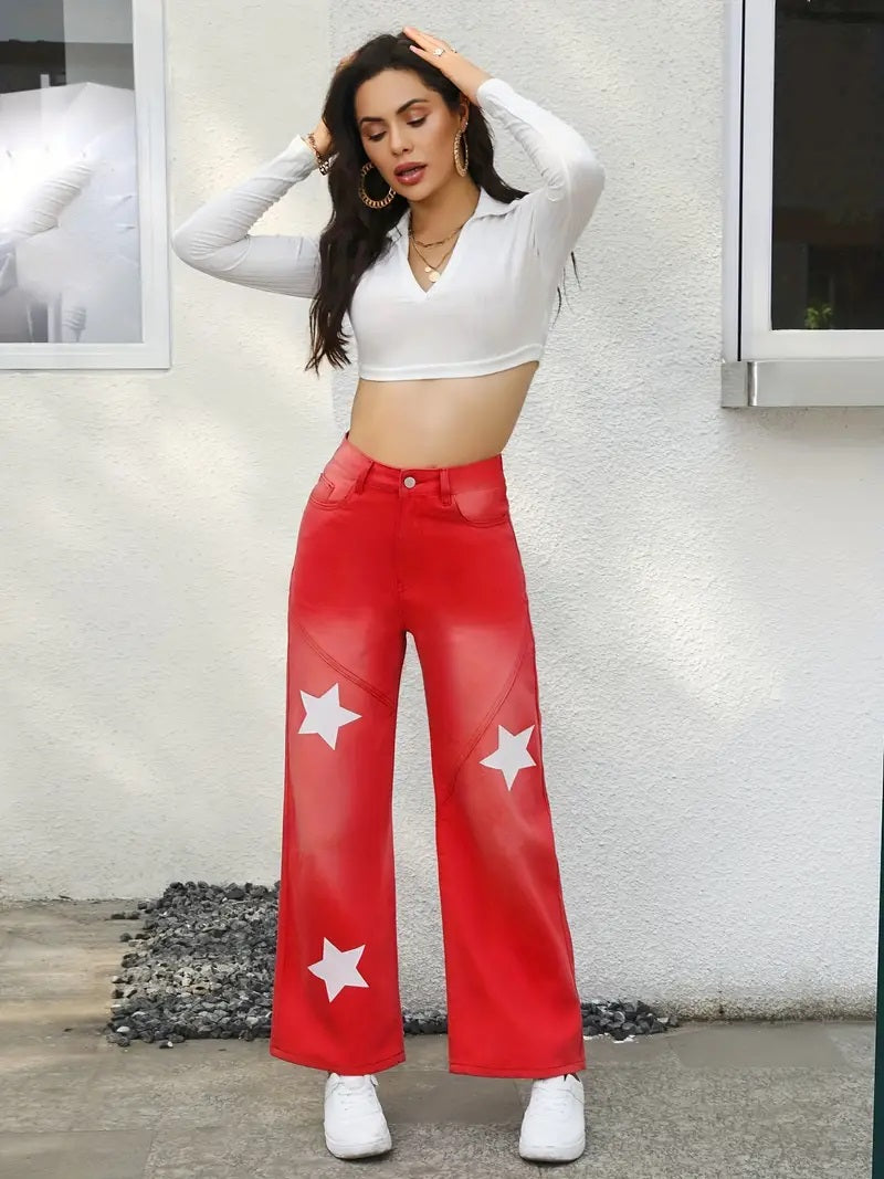 CM-BT027979 Women Casual Seoul Style Star Pattern Loose Fit Slant Pockets Wide Legs Jeans