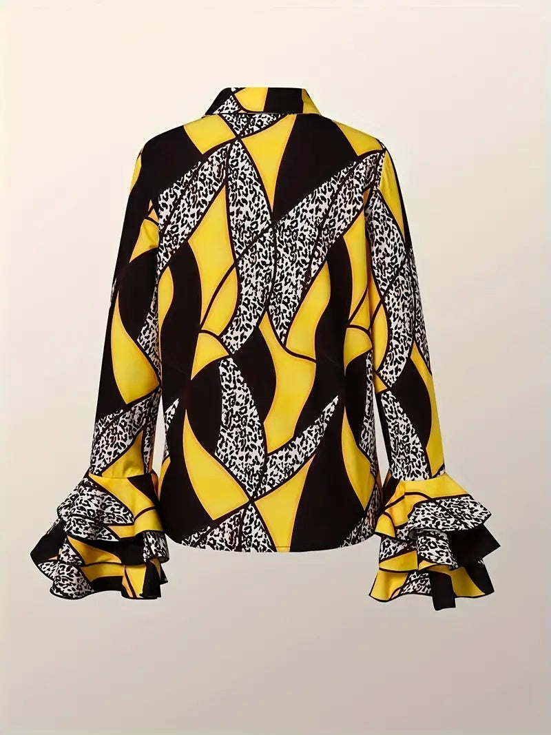 CM-TT044743 Women Casual Seoul Style Graphic Print Single Button Layered Flare Sleeve Blouse