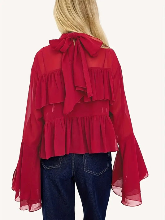 CM-TT787830 Women Elegant Seoul Style Chiffon High Neck Bell Sleeve Ruffle Mesh Overlay Blouse