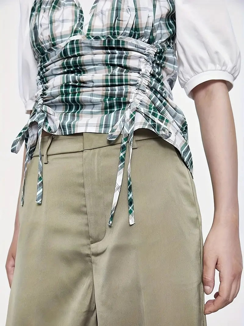 CM-TT097151 Women Casual Seoul Style Crew Neck Plaid Print Drawstring Front Puff Sleeve T-Shirt