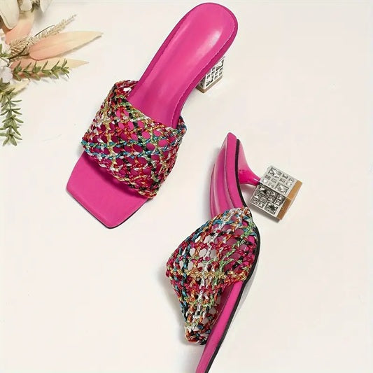 CM-SHE053798 Women Trendy Seoul Style Square Toe Hollow Out Rhinestone Chunky Heels Sandals (Available in 3 colors)