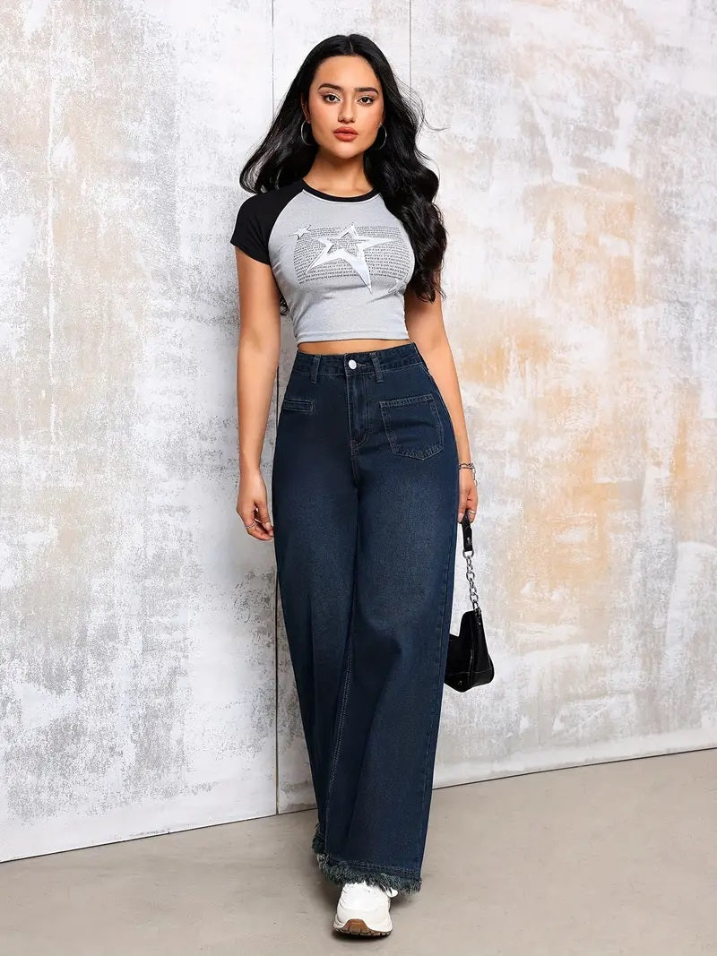 CM-BT058233 Women Casual Seoul Style Washed High Rise Loose Fit Wide Leg Jeans - Deep Blue