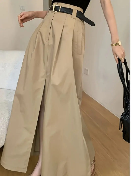 CM-BT463280 Women Elegant Seoul Style Front Slit Side Pockets A-Line Midi Skirt - Khaki