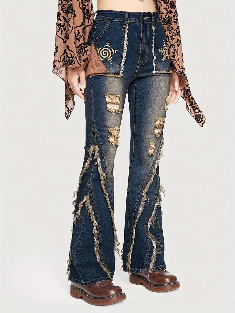 CM-BT061147 Women Casual Seoul Style Ripped Star Pattern Flare Leg Jeans - Blue