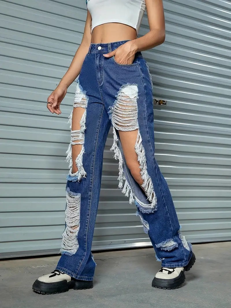CM-BT096080 Women Casual Seoul Style Distressed Ripped Straight-Leg Denim Jeans